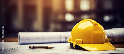 Blueprints with drawing tools and a yellow helmet for construction plans