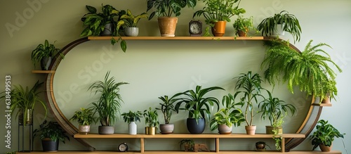 Indoor plants on a shelf mirror decorative details Home gardening interior design Biophilic urban jungle concept © HN Works