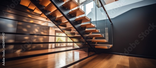 Luxurious home with a wooden and steel staircase viewed from below