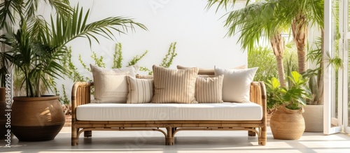 Patio sofa in bohemian style with cushion made of rattan