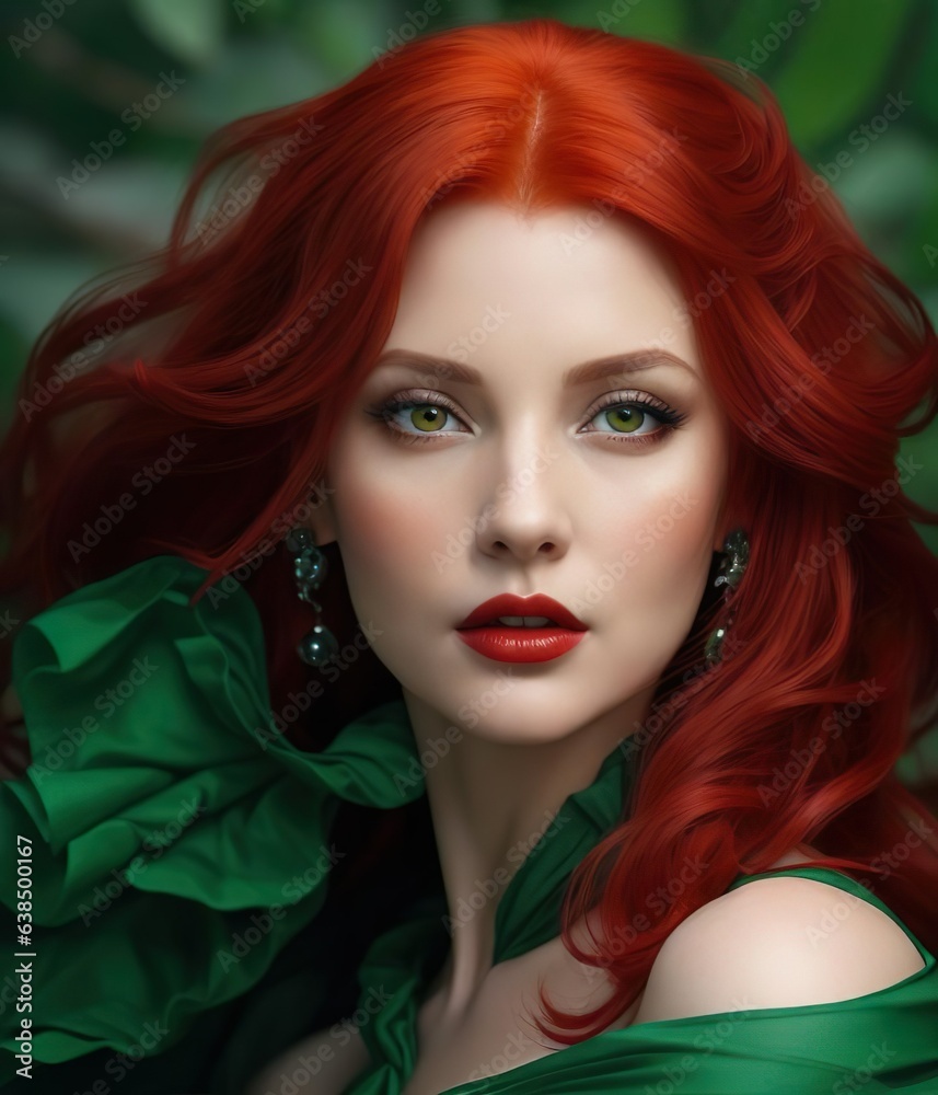 Enchanting Elegance - Striking Red haired Woman in Flowing Green