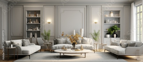 depiction of a contemporary living room design in modern classics style shown without textures and shaders