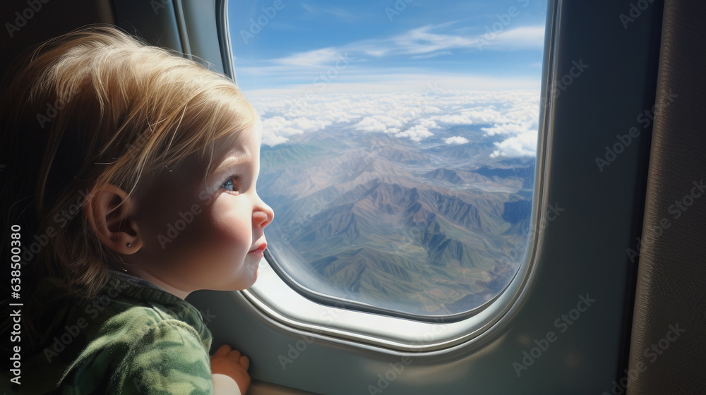 Generative AI, cute child boy or girl looking out the window of an airplane, flying with children on air transport, a young pilot, a little passenger, big eyes, a dreamer, a beautiful view