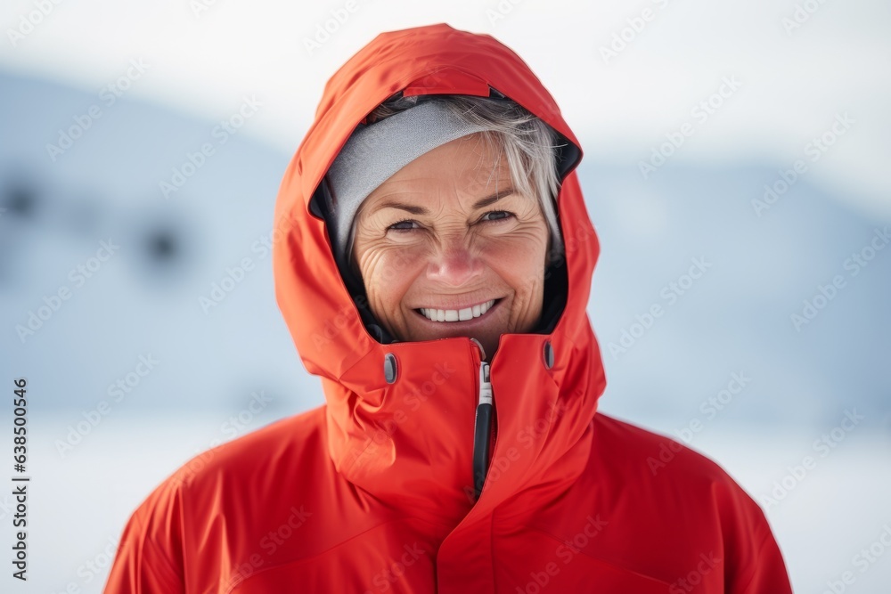 Portrait of smiling senior woman in winter clothes against snow covered landscape Portrait of smiling senior woman in winter clothes against snow covered landscape
