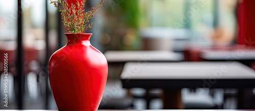 blurred background in a restaurant behind a red vase on a table photo