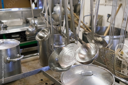 Steel saucepans and casseroles, in an industrial kitchen.