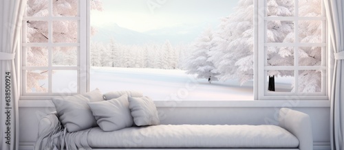 Scandinavian interior design with sofa and snowy window view in white room depiction © HN Works