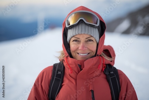 Portrait of smiling woman with snowboard helmet and goggles in winter