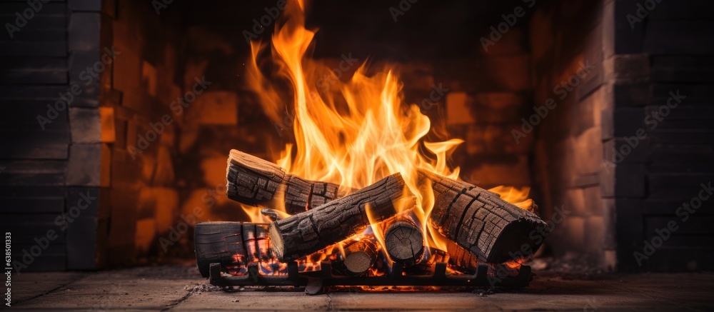 Burning wood inside a brick stove produces flames and ash