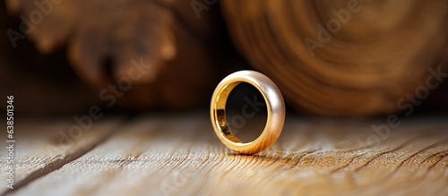 A wooden table with a gold ring