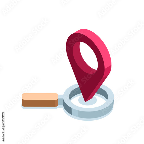 isometric magnifying glass and location icon in color on white background, search for location or coordinates