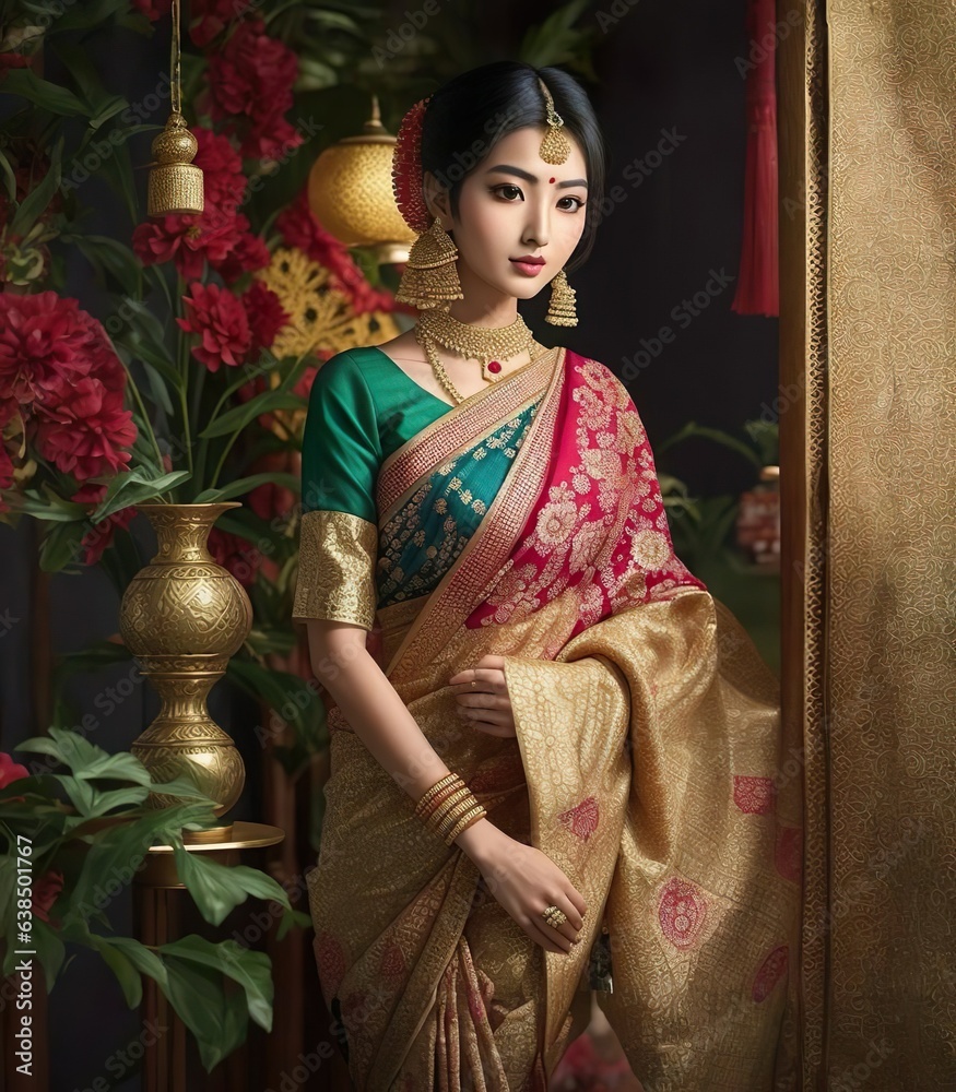 Fototapeta premium Cultural Fusion Elegance - Japanese Beauty in Bangladeshi Saree