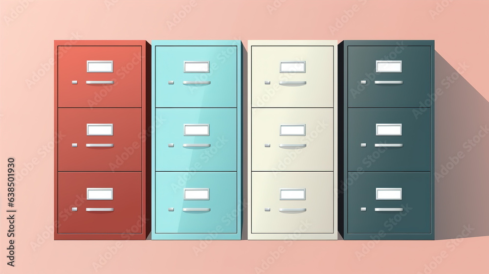File Cabinets: A row of file cabinets used for organizing and storing important documents File Cabinets: A row of file cabinets used for organizing and storing important documents