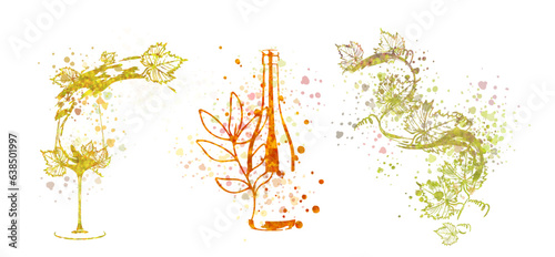 Colorful wine designs - Collection of wine glasses. Sketch vector illustration. Hand drawn elements for invitation cards, advertising banners and menus. Wine glasses with splashing wine. 