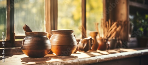 Sunlit morning in rural farmhouse wooden pots and rustic utensils on windowsill