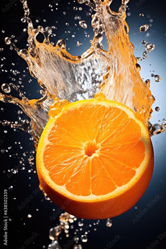 sliced flying orange with splash isolated on black background. AI Generated sliced flying orange with splash isolated on black background. AI Generated