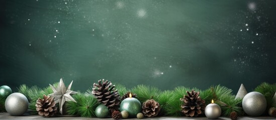 Winter themed home decor with various holiday elements on a green background space for text