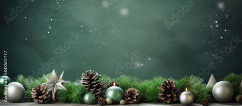 Winter themed home decor with various holiday elements on a green background space for text