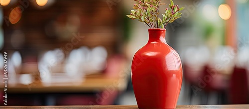 blurred background in a restaurant behind a red vase on a table photo