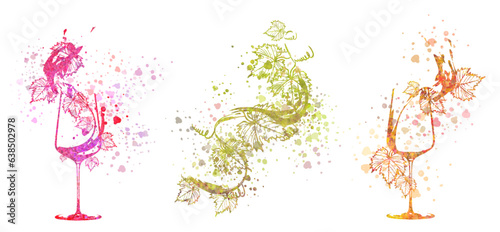 Colorful wine designs - Collection of wine glasses. Sketch vector illustration. Hand drawn elements for invitation cards, advertising banners and menus. Wine glasses with splashing wine. 