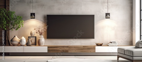 Modern loft with tall entertainment center and large flat panel TV Shot from above