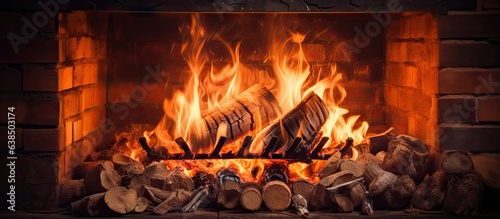 Burning wood inside a brick stove produces flames and ash