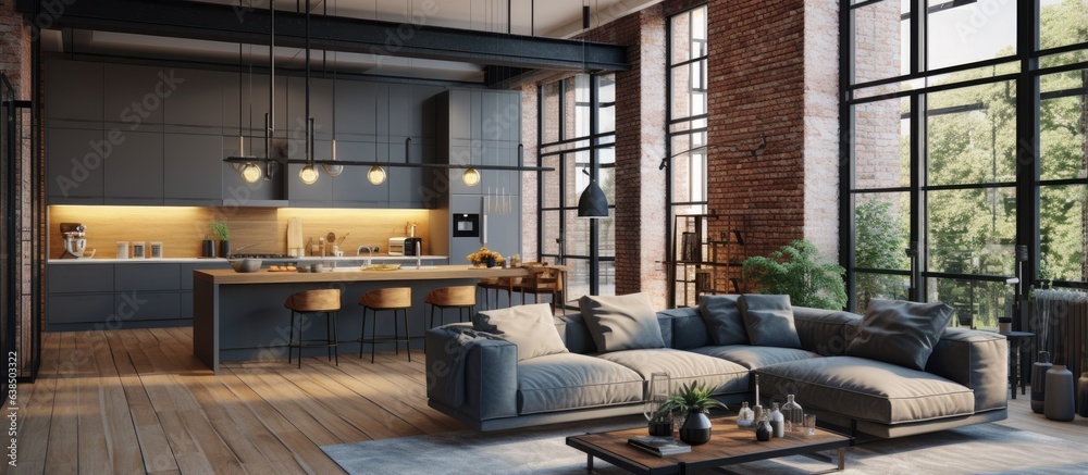View of Contemporary loft apartment with open plan living kitchen and high ...