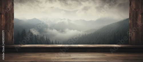 Window in a wooden wall amidst forest and clouds
