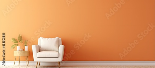 Fototapeta Naklejka Na Ścianę i Meble -  of a light orange wall white wooden floor and an empty room with an armchair