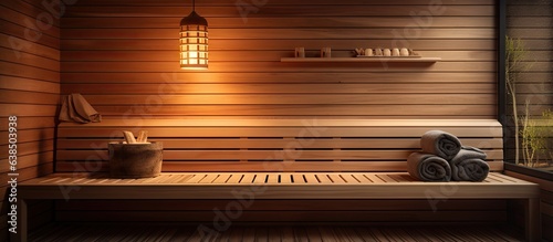 Close up view of an infrared sauna with wooden walls bench and ceramic heaters emphasizing a healthy lifestyle