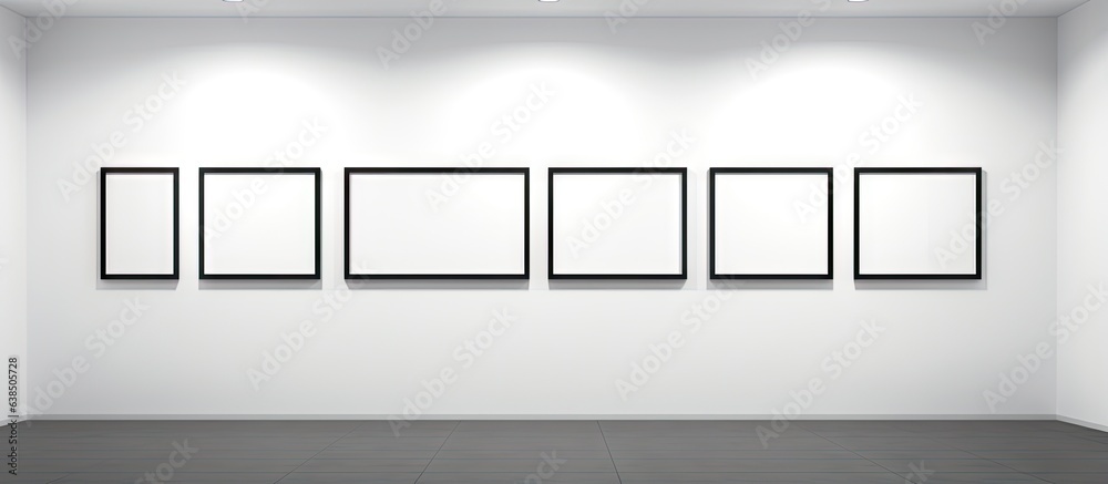 Modern gallery exhibiting contemporary artwork with framed pictures displayed on walls rendered in Modern gallery exhibiting contemporary artwork with framed pictures displayed on walls rendered in