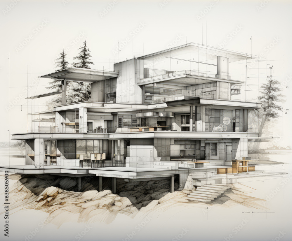 Generative ai illustration of a section drawing of a house