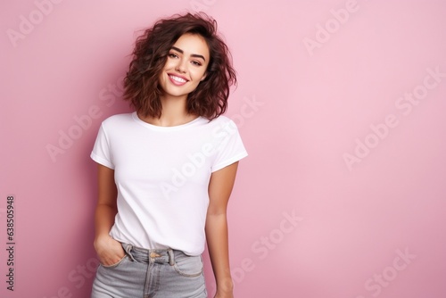 white tshirt worn by female fashion model pink background