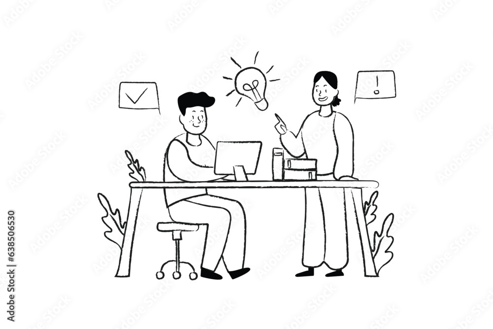 Brainstorm concept with people scene in the flat line cartoon style. A team of specialists shares their thoughts and proposals regarding the project. Vector illustration.