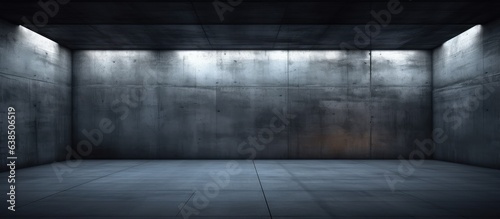 Rendered illustration of a dark abstract concrete room illuminated at night Architectural background © HN Works