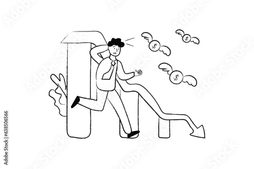 Business downturn concept with people scene in the flat black and white cartoon style. A businessman is in despair because he sees how his monetary indicators are decreasing. Vector illustration.