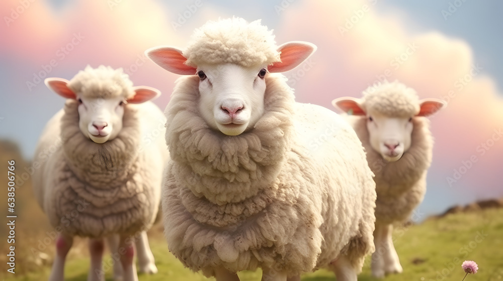 Flock of sheep in green pasture. Lamb group Flock of sheep in green pasture. Lamb group