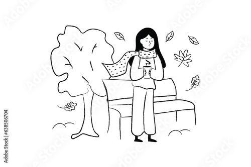 Cozy autumn concept with people scene in the flat line cartoon style. The girl walks in the park and drinks warm tea to feel the autumn atmosphere. Vector illustration.