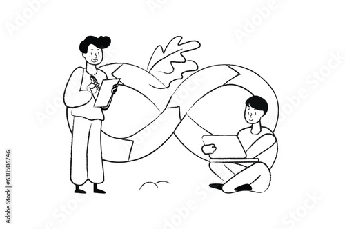 DevOps concept with people scene in the flat line cartoon design. Managers perform tasks by uniting all specialists to quickly achieve goals. Vector illustration.