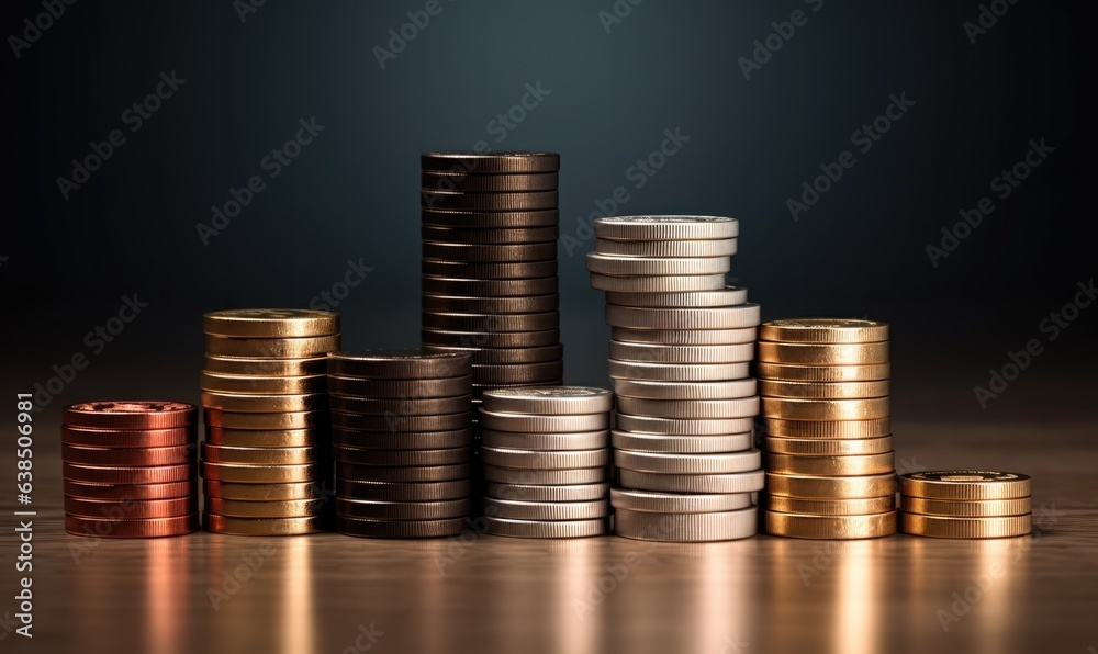 Several stacks of coins. Coins of different colors are stacked on the table in the form of a tower. The concept of making a profit, savings Several stacks of coins. Coins of different colors are stacked on the table in the form of a tower. The concept of making a profit, savings