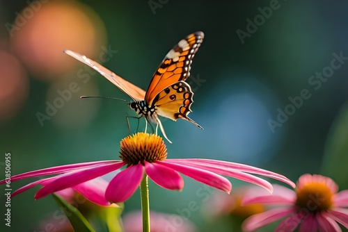 The butterfly alights on the flower, its wings a masterpiece of nature's artistry. The petals of the flower serve as a natural canvas, complementing the butterfly's intricate patterns.