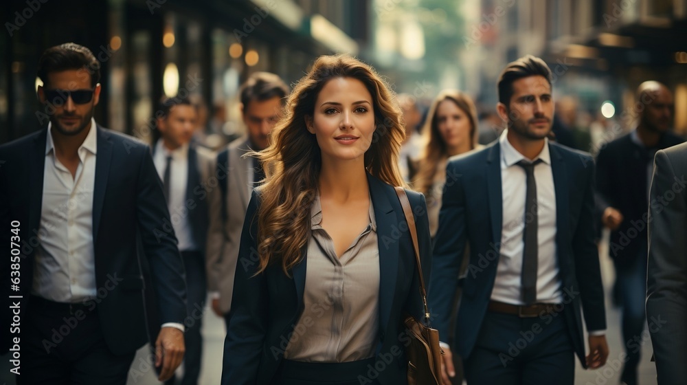 Group of business people walking in the city. Selective focus. beautiful business woman Group of business people walking in the city. Selective focus. beautiful business woman