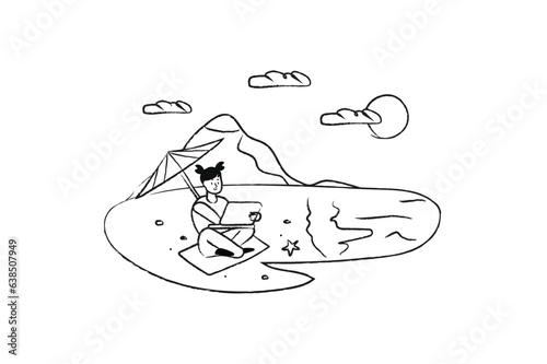 Work from anywhere concept with people scene in the flat black and white cartoon design. The woman works remotely, so she can do work tasks even on the beach. Vector illustration.