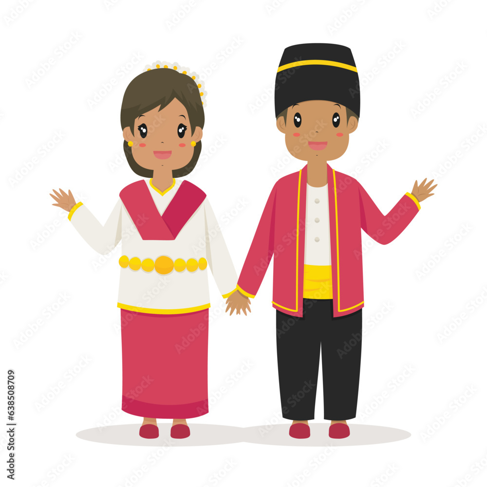 Happy couple wearing North Maluku traditional dress waving hands, greeting hand gesture. Indonesia traditional dress cartoon vector.