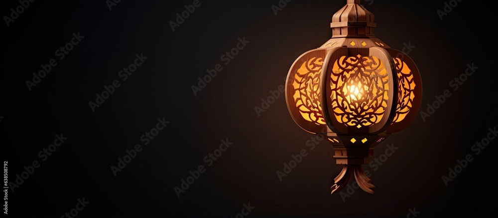 Contemporary wooden lantern suspended from ceiling with dark backdrop Contemporary wooden lantern suspended from ceiling with dark backdrop