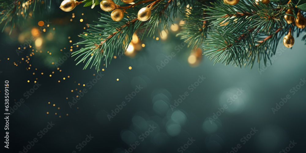 Christmas New Year Celebration: Sparkling Glitter Table Top Floor Gold and Green, Studio Background with Golden Blur Bokeh. Luxury Holiday Backdrop Mockup for Product Display. Festive Greeting Card.
