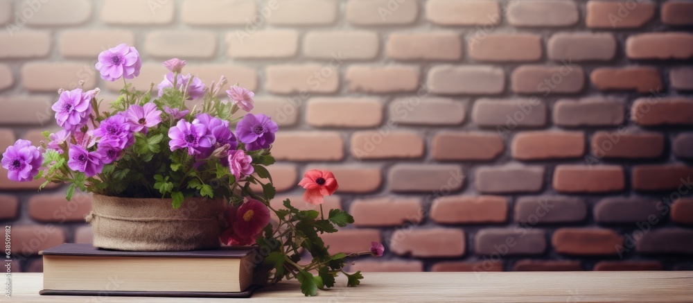 Books placed against a brick wall complemented by lovely flowers