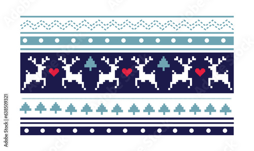 Winter stitch, knitting seamless pattern. Deers, snowflakes, hearts, decorative elements.