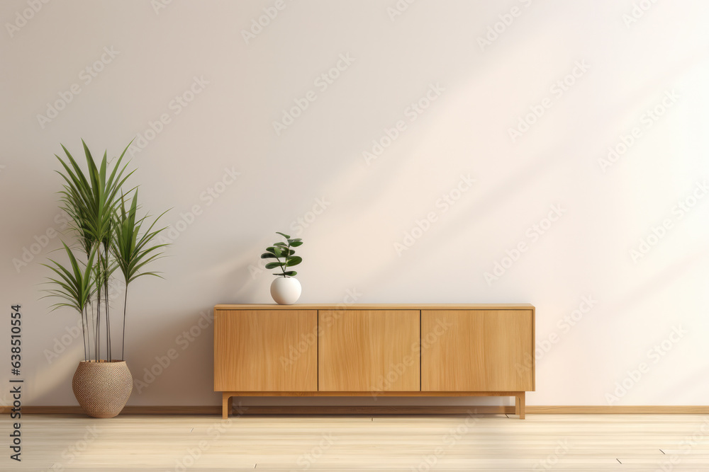 Beige wooden sideboard in front of a wall in a minimalistic interior design composition.  - obrazy, fototapety, plakaty 