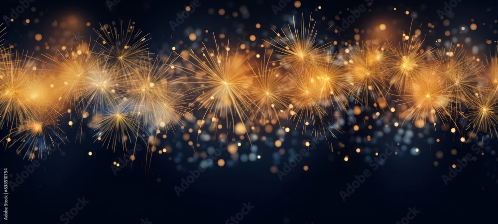 Happy New Year 2024, Silvester New Year's Eve firework party celebration holiday greeting card - Gold fireworks and golden bokeh lights on dark night background (Generative Ai)